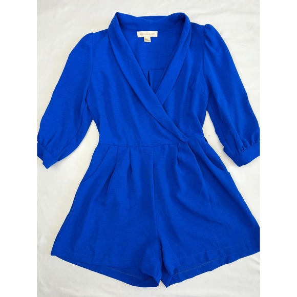 Monteau Los Angeles Pants - Monteau Los Angeles Royal Blue Wrap Front Romper 3/4 Puff Sleeve Small